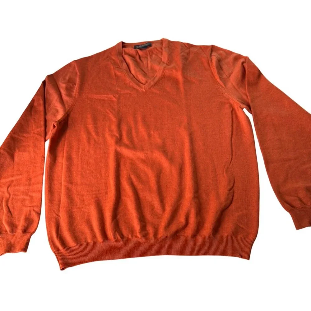 Brooks Brothers XL Mens V-Neck Sweater Burnt Orange Italian Merino Wool Blend